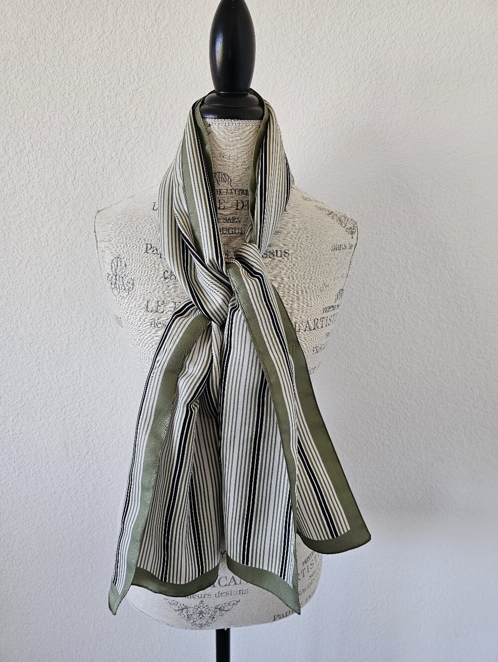 Vintage Olive Green Striped Satin Scarf Long Oblong Neck Scarf Border Trim 58x13